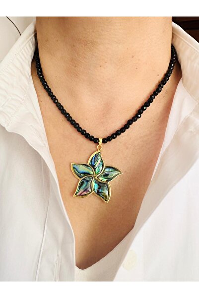 DEVİ fashion Flower Black Natural Stone Necklace 45 cm