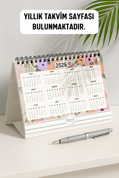 Eldesen Tasarım 2026 Masa Takvimi Spiralli A5 (21X16CM) Büyük Boy / Resmi Tatiller Ve Hafta Sonları / 12 Aylık