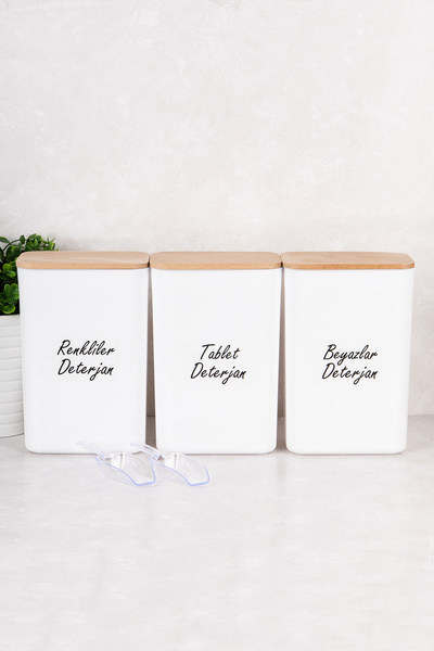 DNS HOME 3 Piece Detergent Dispenser Set Colored and White Tablet Detergent Storage Container with Scale and Labels 3 Lt