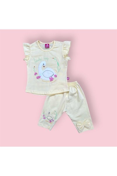 Modish Baby Girl Swan Patterned Summer 2-Piece Set (T-Shirt + Shorts) with Bow – 6-24 Months