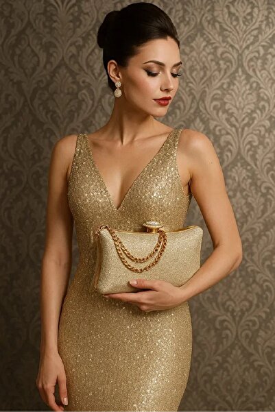 GUİZA حقيبة فستان سهرة نسائية من القماش باللون الذهبي الفاتح، حقيبة أنيقة لفستان السهرة هي تصميم أنيق