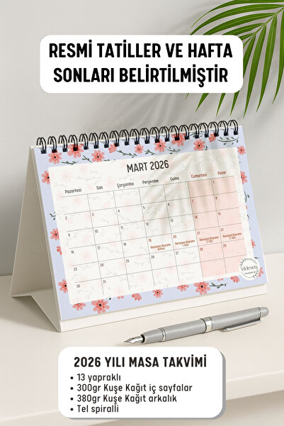Eldesen Tasarım 2026 Masa Takvimi Spiralli A5 (21X16CM) Büyük Boy / Resmi Tatiller Ve Hafta Sonları / 12 Aylık