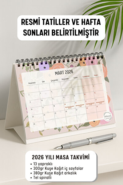 Eldesen Tasarım 2026 Masa Takvimi Spiralli A5 (21X16CM) Büyük Boy / Resmi Tatiller Ve Hafta Sonları / 12 Aylık