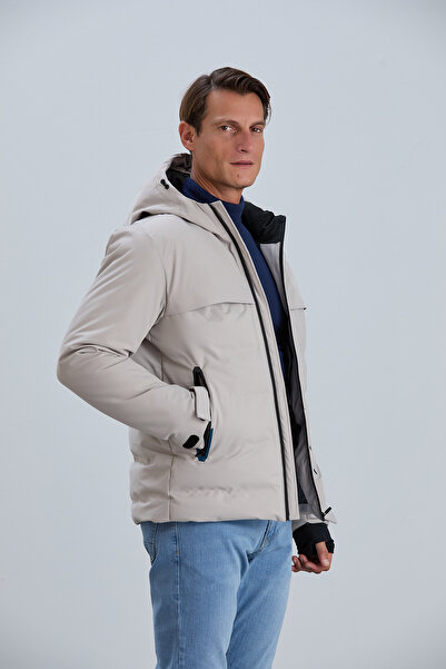 PIQUE Erkek Mont Kapüşonlu Baskı Detaylı Ribanalı Erkek Şişme Mont