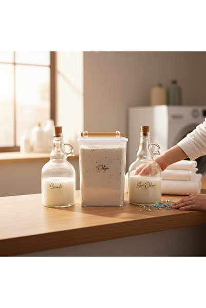 zezedesing Ahşap Kulplu Deterjan Kavanozu 2000ML-Mantar Kapaklı Sıvı Deterjan ve Yumuşatıcı Şişesi 1000ML