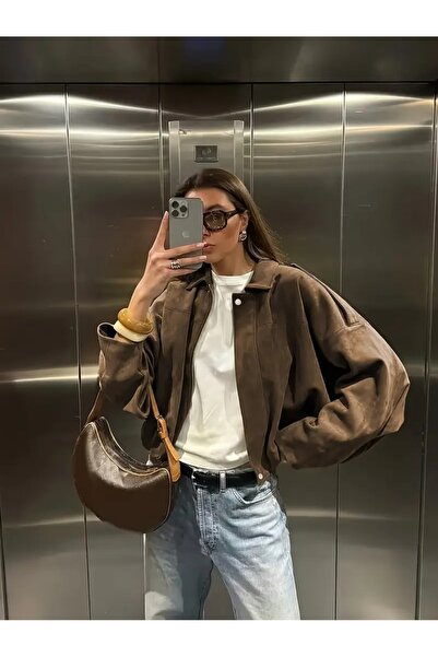 piel island جاكيت بومبر كبير الحجم من جلد الغزال الناعم الفاخر