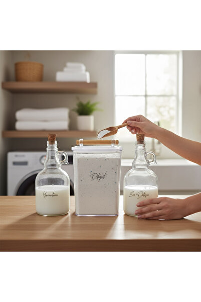 zezedesing Ahşap Kulplu Deterjan Kavanozu 2000ML-Mantar Kapaklı Sıvı Deterjan ve Yumuşatıcı Şişesi 1000ML