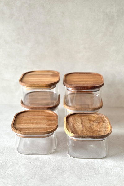 Dekorzdükkan 6-Piece Square Acacia Vacuum Lid Borosilicate Glass Breakfast Set