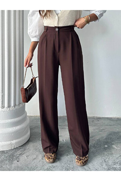 Panku Bizu Design Store Sorbonne Acı Kahve Pileli Palazzo Pantolon