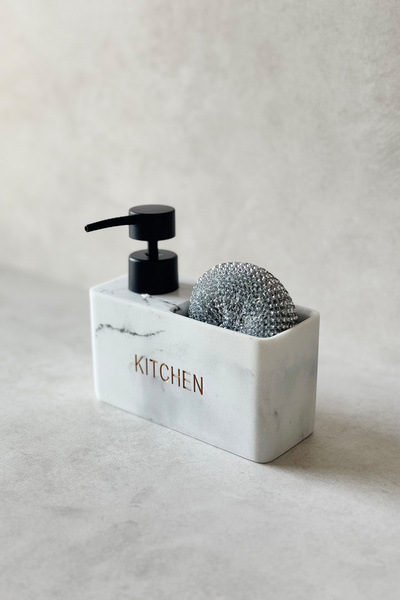 Dekorzdükkan Marble Patterned Polyresin Soap Dispenser and Sponge (Kıtchen Printed)