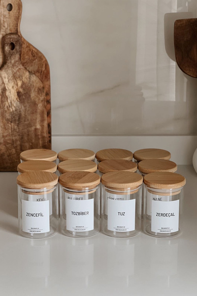 Dekorzdükkan مرطبان توابل زجاجي مفرغ من الخيزران مكون من 12 قطعة مع غطاء (ملص...