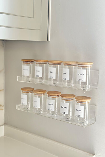 Dekorzdükkan 10'lu Pleksi Standlı Bambu Vakum Kapaklı Baharatlık Seti (10 ade...