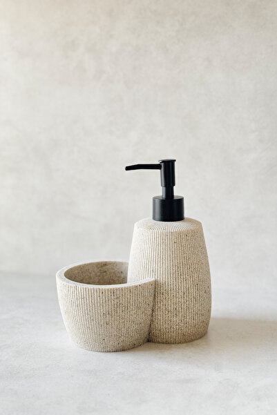 Dekorzdükkan Krem Siyah Başlıklı Polyresin Hazneli Sıvı Sabunluk