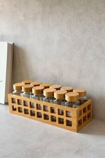 Dekorzdükkan Bambu Standlı ve  12'li Bambu Kapaklı Kare Baharatlık Seti