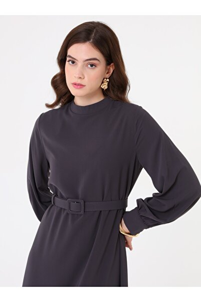 Refka Medina Silk Hijab Dress with Belt Detail - Anthracite -