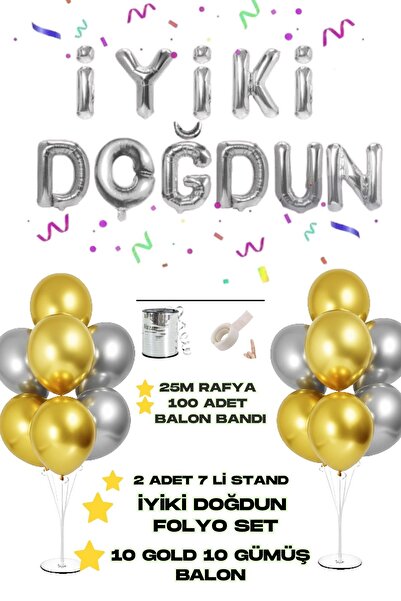 Baloncu Nene Happy Birthday Foil Balloon 2 Pieces of 7 Balloon Stand 10 Pieces Silver 10 Pieces Gold Balloon Birthday Ornament