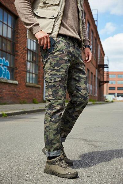 modacix Askeri Erkek Kamuflaj Düz Paça Pantolon - Likralı - Fermuarlı - Çok Cepli