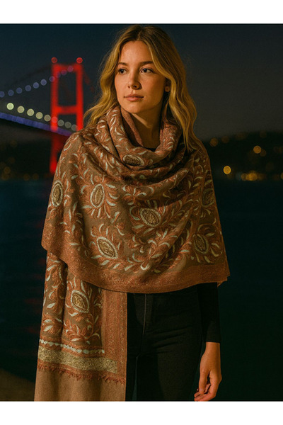 fiore fashion Sequined Marino Shawl 85% Cashmere Embroidered Scarf Marino Cashmere Mocha Color