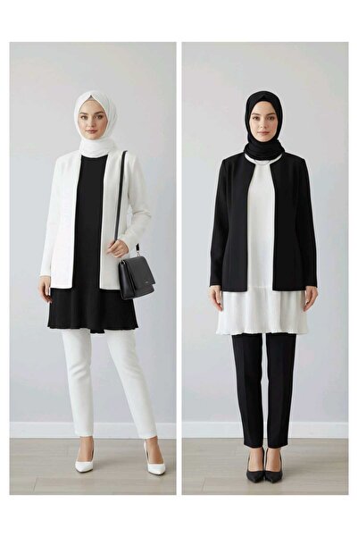 Modabenna Pleated Black Ecru 2-Piece Women's Hijab Shirt Pleated Pleated Tunic Underwear Zero Collar Sleeveless