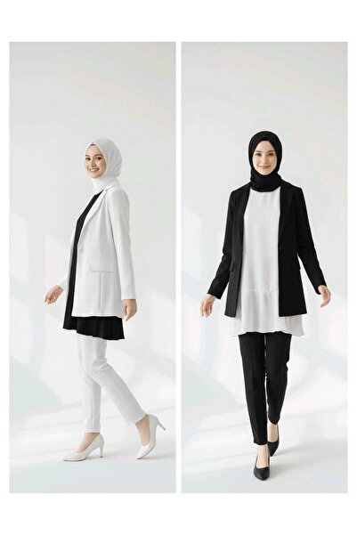 Modabenna Kadın Piliseli İçlik Siyah Ekru 2'li Tesettür Gömlek Piliseli Pileli Tunik içlik