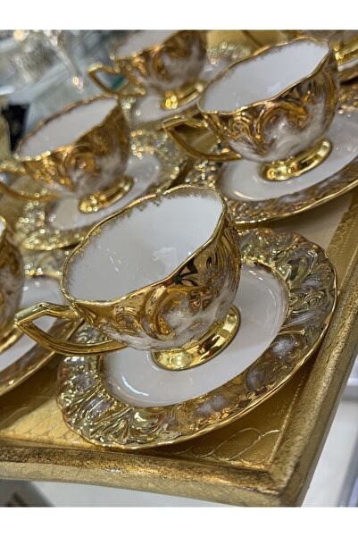 hediye Esterhomedecor 6-Person Porcelain Hand-Painted Gold Coffee Cup Set