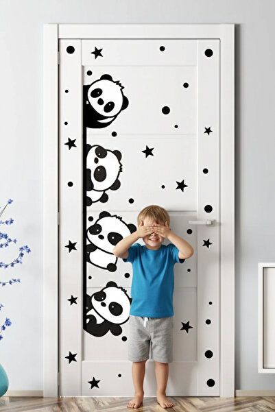 KT Decor Cute Pandas Black Stars and Polka Dots Door Cabinet Wall Sticker Set