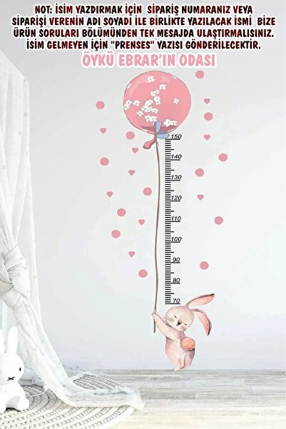 KT Decor Kişiye Özel İsimli Balonlu Tavşan Boy Ölçer Çocuk Odası Duvar Sticker Seti