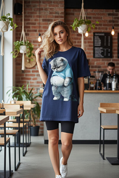 UNCİA OUTDOORS Γυναικείο μπλουζάκι από βαμβακερό oversize με στάμπα Fat Cat