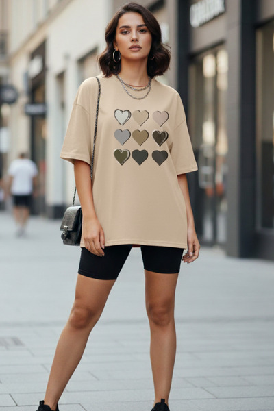 UNCİA OUTDOORS Oversize Heart Printed Basic Γυναικείο T-Shirt Καθημερινή Άνετ...