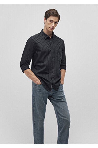 Mavi Çizgili Siyah Gömlek Slim Fit / Dar Kesim 0211136-900