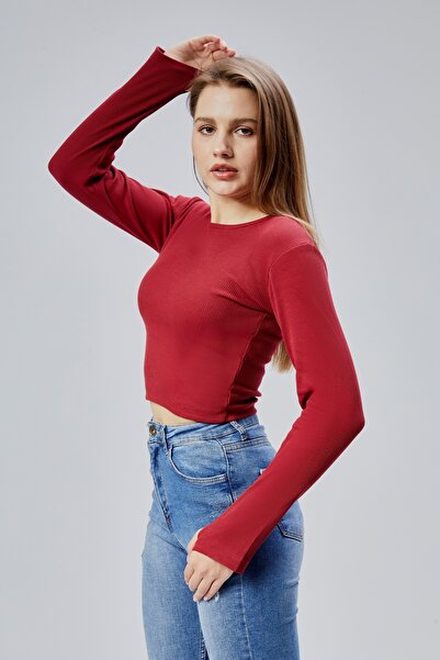 M MOONCOVER بودي موسمي نسائي بتفاصيل الأصابع من مونكوفير - لون أحمر داكن