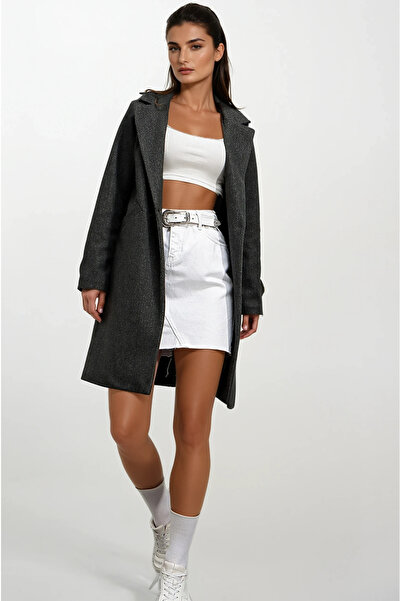 hazelin Women's Anthracite Single Button Double Pocket Lined Stylish Cashmere Coat Hzl23W-Bd190851