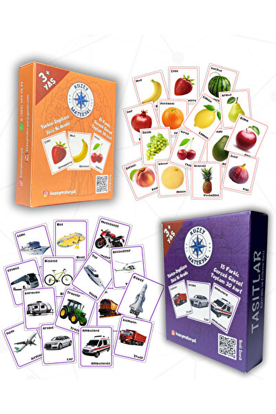 –İKİLİ ÜRÜN! Meyveler ve Taşıtlar Kavram & Eşleme Seti (Türkçe & İngilizce) Toplam 60 Kart