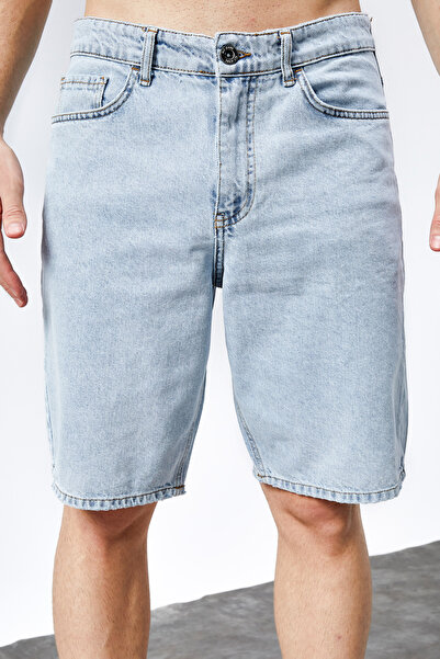 HLT JEANS Erkek Mavi Kar Yıkamalı Baggy Fit Rahat Kesim %100 Pamuk Denim Loose Jeans Kot Şort ARTHUR-MAVİKAR