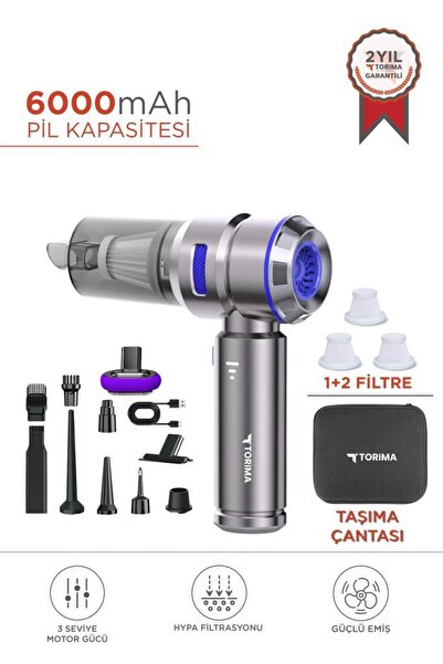 Torima HL-121 Mavi Üflemeli Şarjlı Araç Mini EL Süpürgesi 16.000PA Emiş Güçlü...
