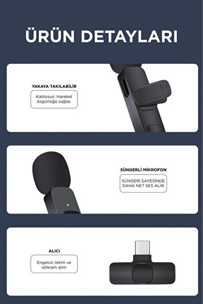 Torima K9 2li Type-C + Lightning dönüştürücülü Kablosuz Yaka Mikrofonu 2li