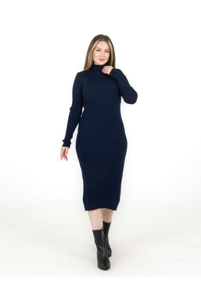 Sortie Dik Yaka Uzun Kollu Ribanalı Slim Fit Triko Elbise Lacivert