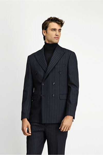 Kiğılı Slim Fit Çizgili Yünlü Kruvaze Kapama Takım Elbise