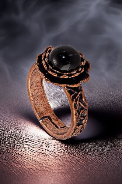 OSMANLI GÜMÜŞ خاتم نحاسي نسائي - خاتم نحاسي دائري بتصميم قشرة شجرة مرصع بحجر ...