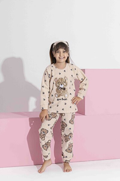 Tarık Kadın Vizon Ayıcık Desen Anne-Kız Kombin Uzun Kol Polar Peluş Kumaş Kışlık Sıcak Tutan Pijama Takımı