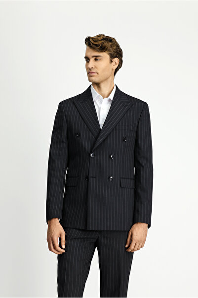 Kiğılı Slim Fit Çizgili Yünlü Kruvaze Kapama Takım Elbise