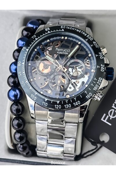 Ferrucci Brand Rose Navy Blue Color Steel Cord Men's Wristwatch with Bracelet Gift