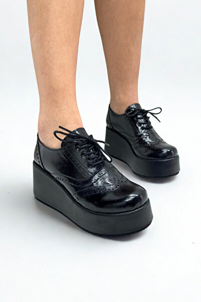 inizio Black Patent Leather Wedge Heel Women's Loafer V4215