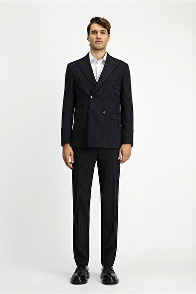 Kiğılı Slim Fit Çizgili Yünlü Kruvaze Kapama Takım Elbise