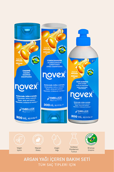 NOVEX Argan Oil - Şampuan 300ml Saç Kremi 300ml Durulanmayan Bakım Kremi 300g -