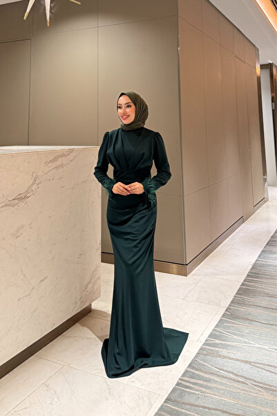 Tarzım Tuba Tailored Zara Fabric Sleeves Tassel Hijab Green Evening Dress