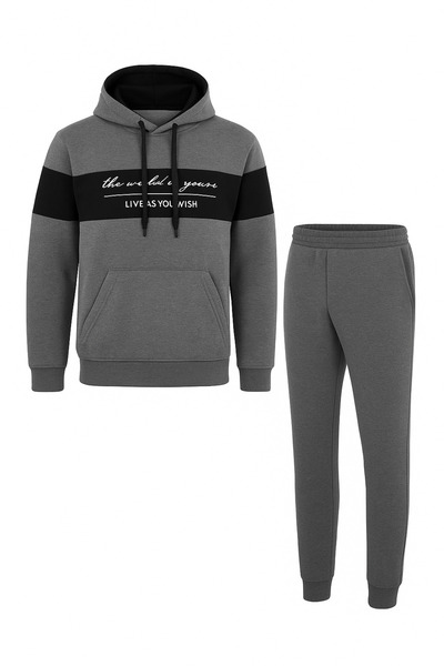 KozaLüks Men's Hooded Tracksuit Set with 3 Threads – Winter Sports and Casual Combination