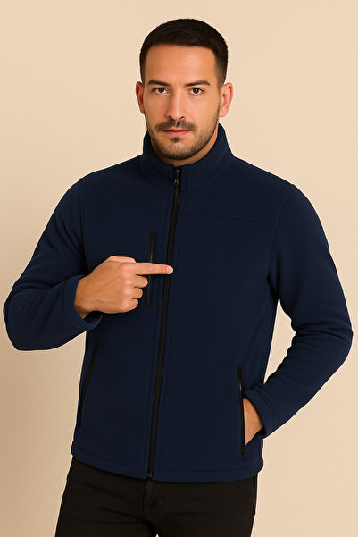 Butik Unisex Navy Blue Anti-Pilling Non-Pilling Standard Fit Full Zip Cold-Pr...