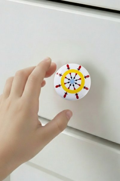 MegaVitrin Porcelain Ship's Wheel Children's Room Furniture Handle - Single Button - Cabinet and Drawer Handle