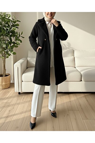 Modamorfo Double button lined side pocket plush coat -black